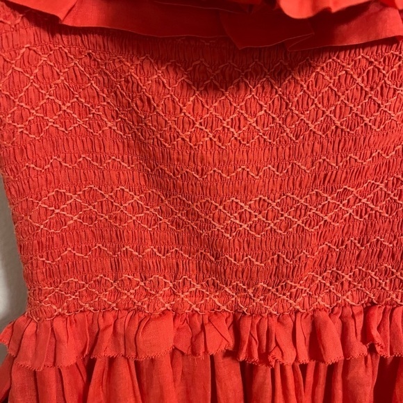 Sea NY Frida coral red smocked ruffle rosette off shoulder midi dress cotton - Picture 8 of 14